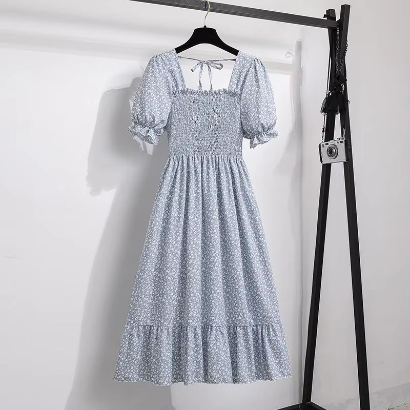 Spring Summer Chiffon Dresses Fashion Female Elastic Waist Short Sleeve Pleated Casual Dress Women A-Line Dresses Vestidos