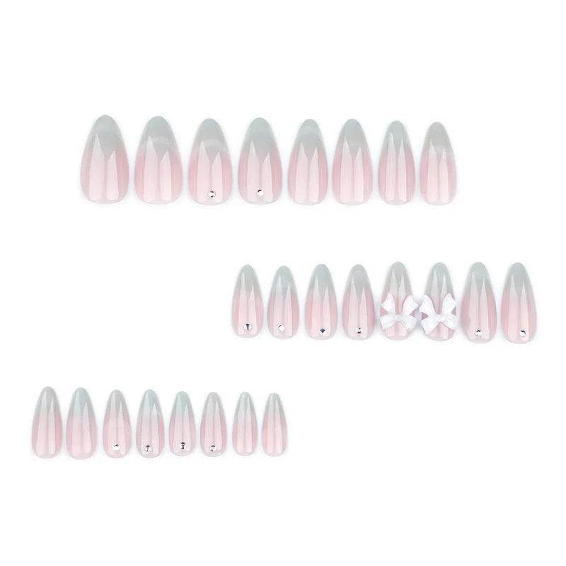 24Pcs Sweet Cat Eye French Press on Nails Diamond-Pointed Three Dimensional Bow Knot Wearable Nail for Women&Girl Almond Nail