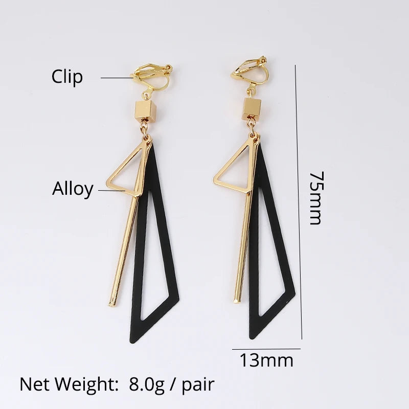 Korean Personality Fashion Triangle Geometric Clip on Earrings without Piercing Retro Female Tassel Long Women Ear Clips Jewelry