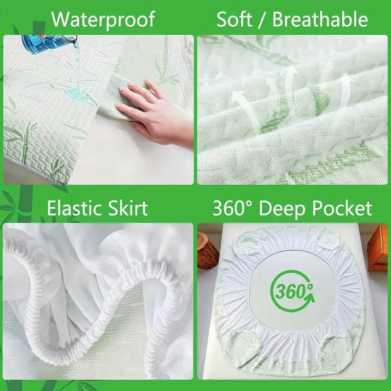 1Pc Waterproof Bamboo Mattress Cover (Without Pillowcase), Cooling & Breathable Fitted Bed Sheet with 6-14Inches Deep Pocket