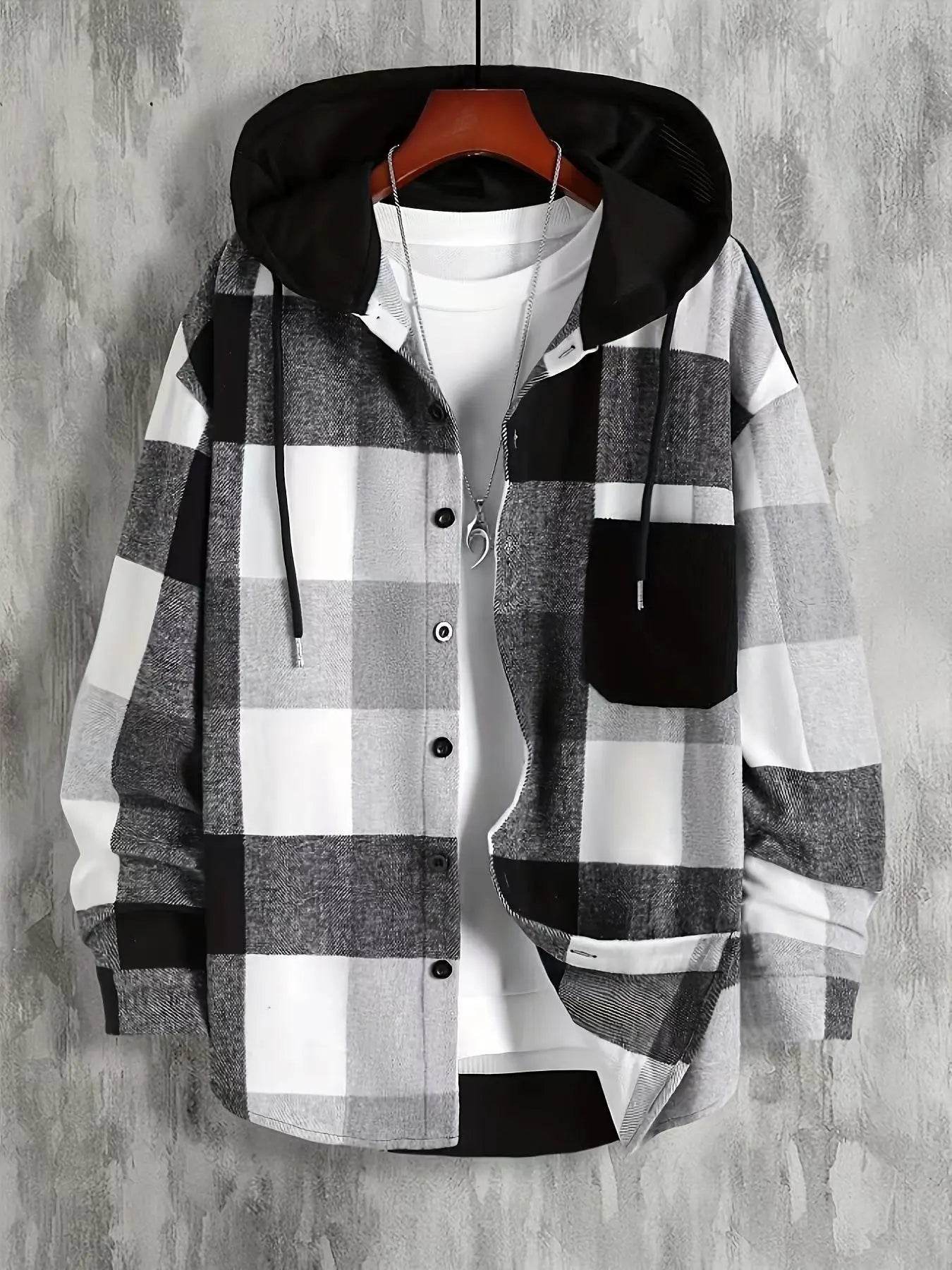 2024 Autumn/Winter New Wish Amazon Men'S Hooded Shirt with Grid Pocket, Long Sleeve, Thickened Shirt Top