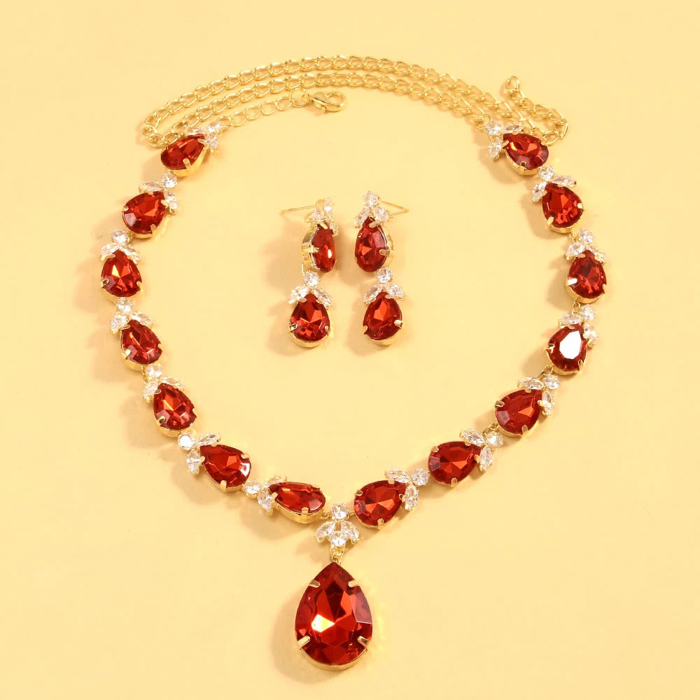 New Red Water Drop Necklace Earrings Set Wedding Accessories Luxury Dubai Bridal Leaf Zircon Jewelry Sets for Women
