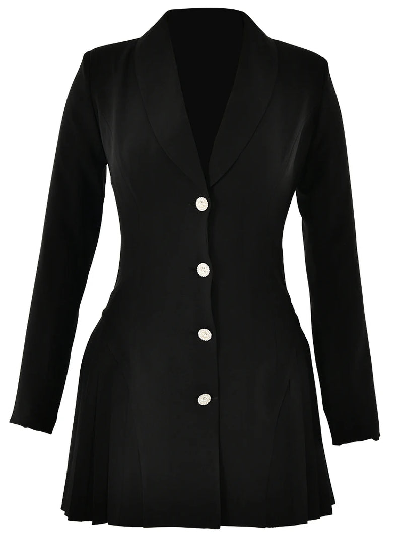 Deep V-Neck Single Breasted Pleated Women Blazer Mini Dress Long Sleeve A-Line Dress Autumn New Elegant Official Clothes