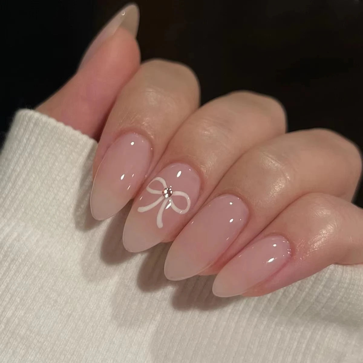 24Pcs Sweet Cat Eye French Press on Nails Diamond-Pointed Three Dimensional Bow Knot Wearable Nail for Women&Girl Almond Nail