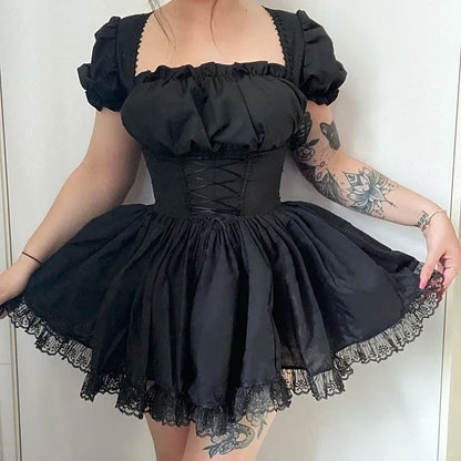 Mall Goth Bandage Harajuku White Lolita Kwaii Dresses Black Women Sexy Mini Dress Gothic Lace Puff Sleeves Bodycon Partywear