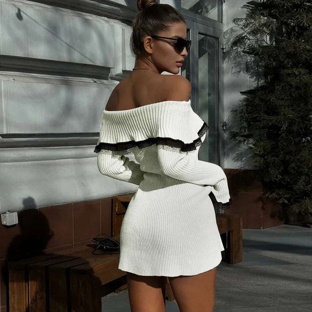 Mingmingxi Autumn off the Shoulder Sweater Dress 2024 Elegant Long Sleeve Knitted Dress Sexy Causal Warm White Dress Women