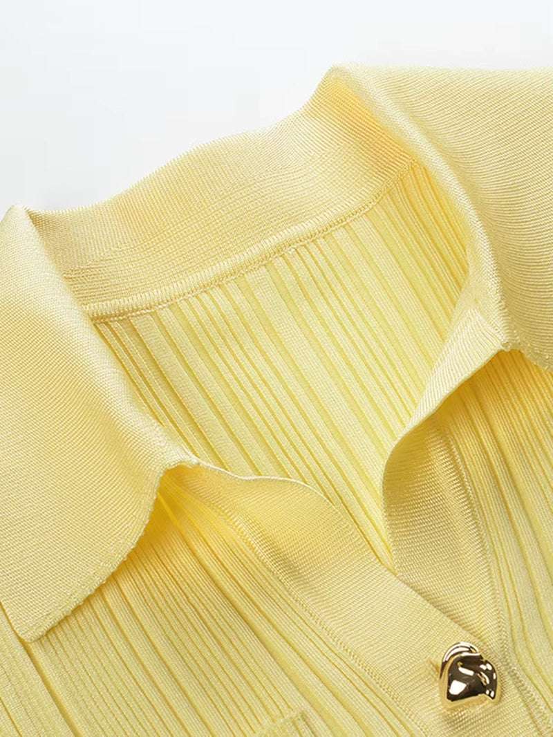 Solid Sexy Two Piece Sets for Women Lapel Long Sleeve Spliced Button Shirt High Wasi Slim Bodycon Skirt Knitted Suits Female