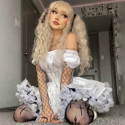 Mall Goth Bandage Harajuku White Lolita Kwaii Dresses Black Women Sexy Mini Dress Gothic Lace Puff Sleeves Bodycon Partywear