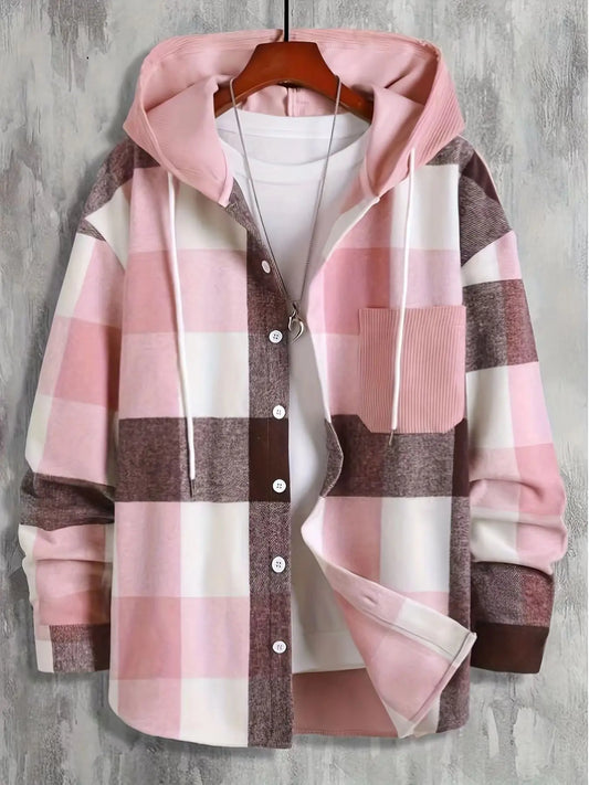 2024 Autumn/Winter New Wish Amazon Men'S Hooded Shirt with Grid Pocket, Long Sleeve, Thickened Shirt Top
