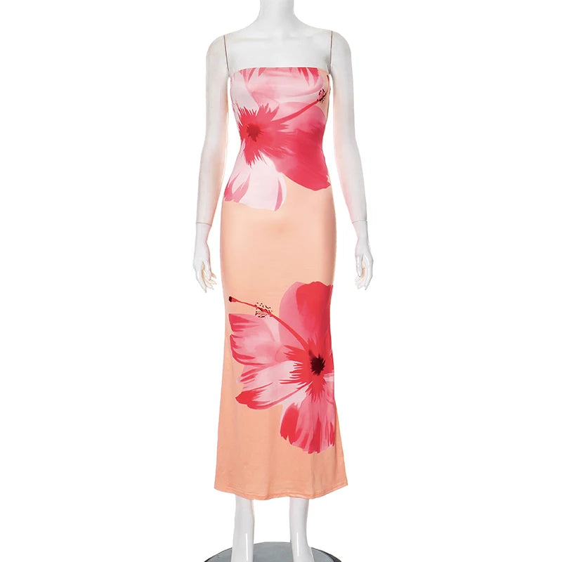 Women'S 2024 New Flower Printed Tubeless Dress Casual Vacation off Shoulder Slim Beach Floor Length Long Dress