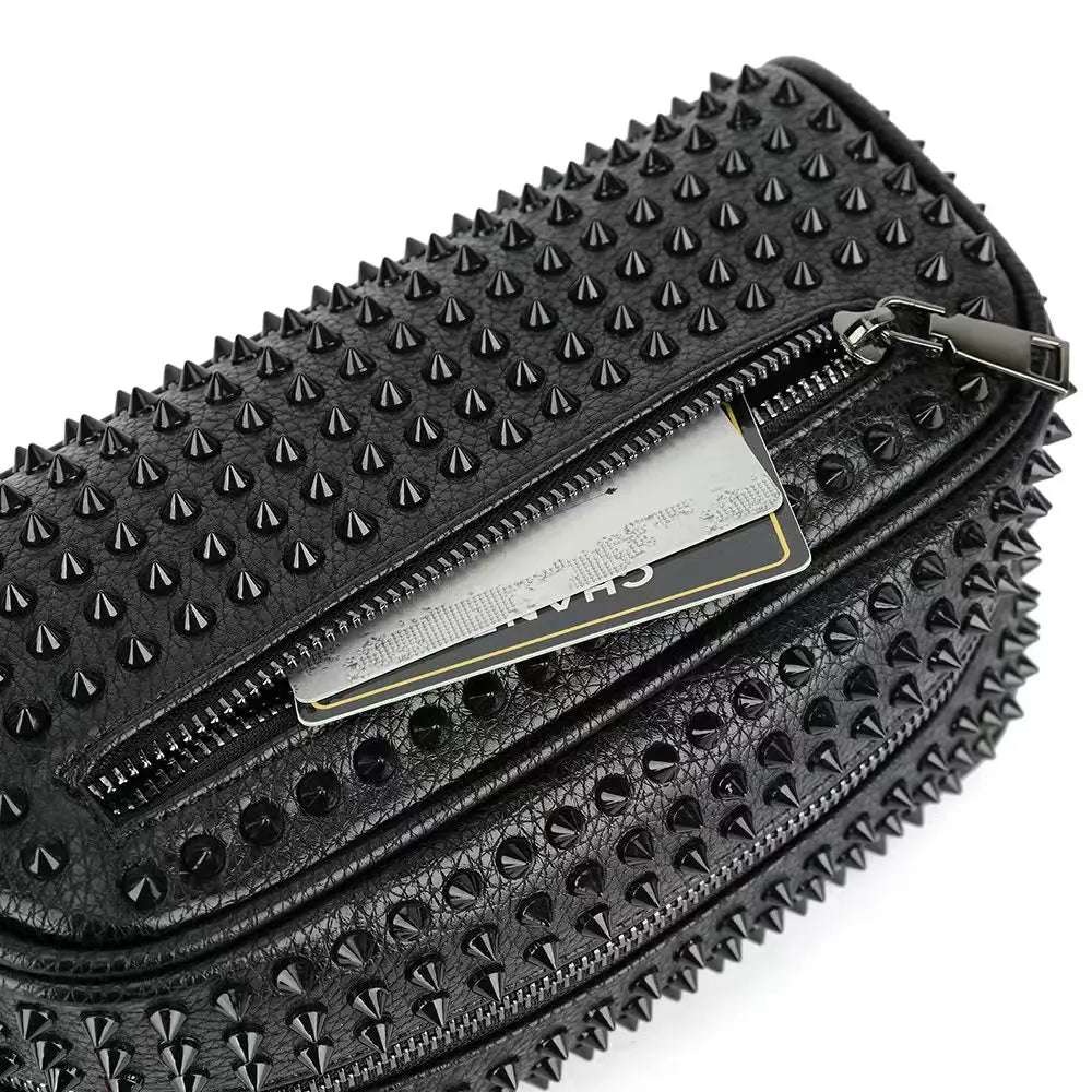 Rivets Clutch PU Leather Purses for Women Fashion Multi-Pocket Handbag Zipper Wallet Party Black