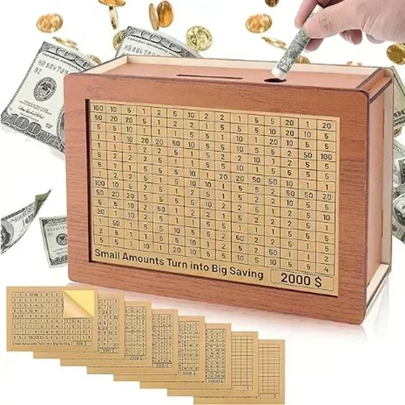 500/1000/2000/3000/5000/10000 Euro Money Box Piggy Bank Wood Money Bank Reusable Money Box with Saving Goal and Numbers Boxes