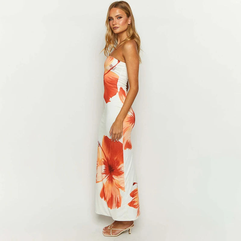 Women'S 2024 New Flower Printed Tubeless Dress Casual Vacation off Shoulder Slim Beach Floor Length Long Dress