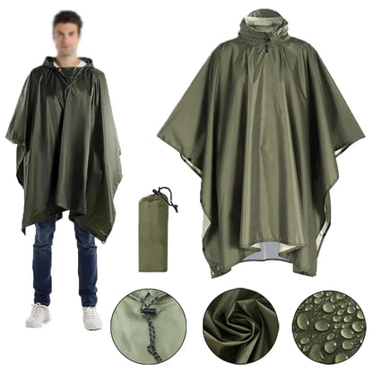 Outdoor 3 in 1 Military Raincoat Hooded Sleeve Waterproof Rain Poncho Motorcycle Rain Cover Camping Hiking Travel Rainwear Tent