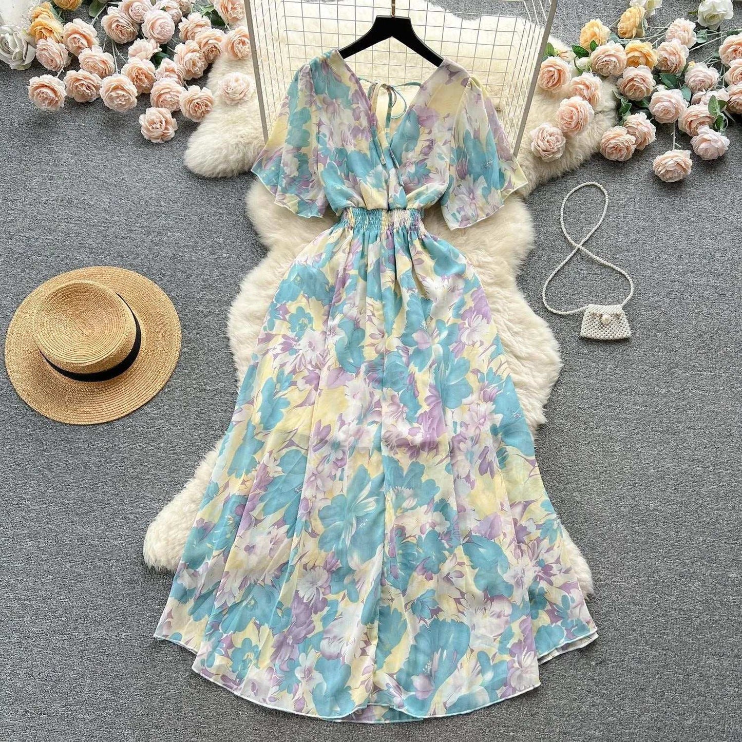Women Chiffon Floral Long Dress Korean V-Neck Short Sleeve A-Line Party Dresses Summer Bohemian Print Beach Vestidos