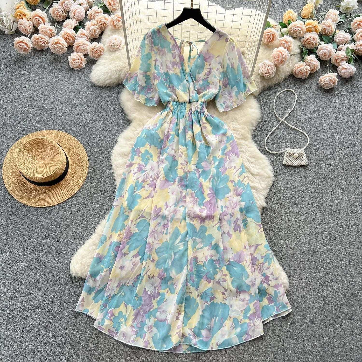 Women Chiffon Floral Long Dress Korean V-Neck Short Sleeve A-Line Party Dresses Summer Bohemian Print Beach Vestidos
