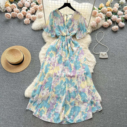 Women Chiffon Floral Long Dress Korean V-Neck Short Sleeve A-Line Party Dresses Summer Bohemian Print Beach Vestidos