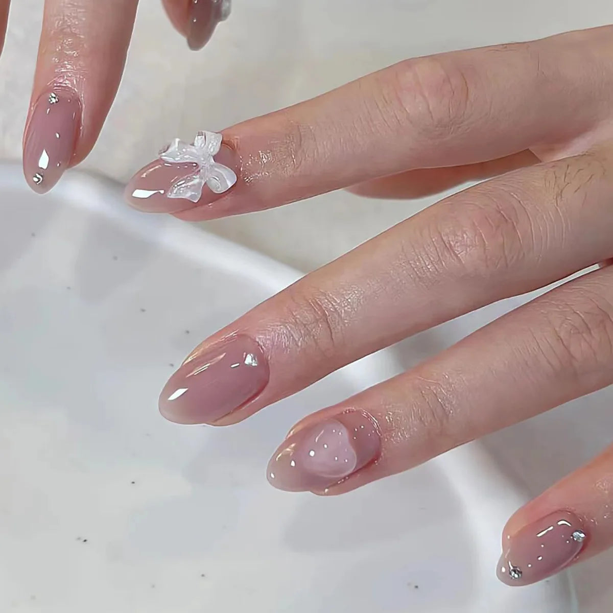 24Pcs Sweet Cat Eye French Press on Nails Diamond-Pointed Three Dimensional Bow Knot Wearable Nail for Women&Girl Almond Nail