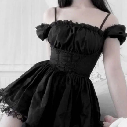 Mall Goth Bandage Harajuku White Lolita Kwaii Dresses Black Women Sexy Mini Dress Gothic Lace Puff Sleeves Bodycon Partywear