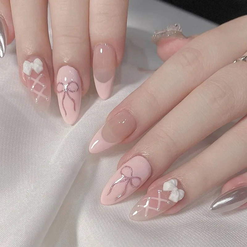 24Pcs Sweet Cat Eye French Press on Nails Diamond-Pointed Three Dimensional Bow Knot Wearable Nail for Women&Girl Almond Nail