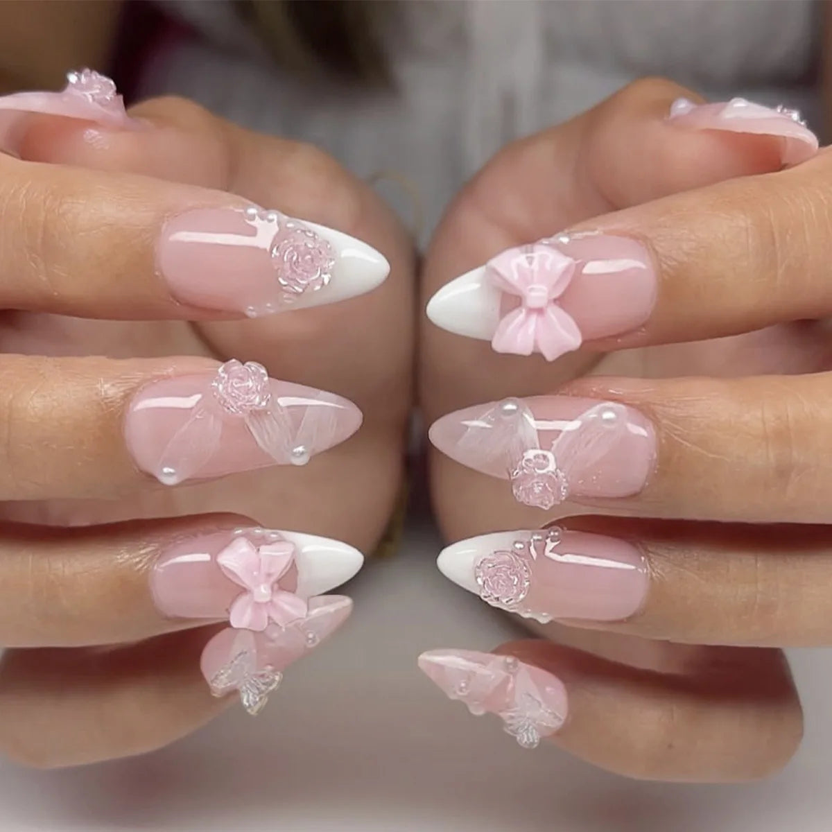 24Pcs Sweet Cat Eye French Press on Nails Diamond-Pointed Three Dimensional Bow Knot Wearable Nail for Women&Girl Almond Nail