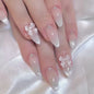 24Pcs Sweet Cat Eye French Press on Nails Diamond-Pointed Three Dimensional Bow Knot Wearable Nail for Women&Girl Almond Nail