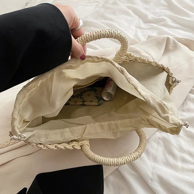 Straw Woven Handbags for Women Handmade Travel Seaside Beach Bag Summer New Handle Bucket Bag Shopping Tote Bag Basket Bolsa
