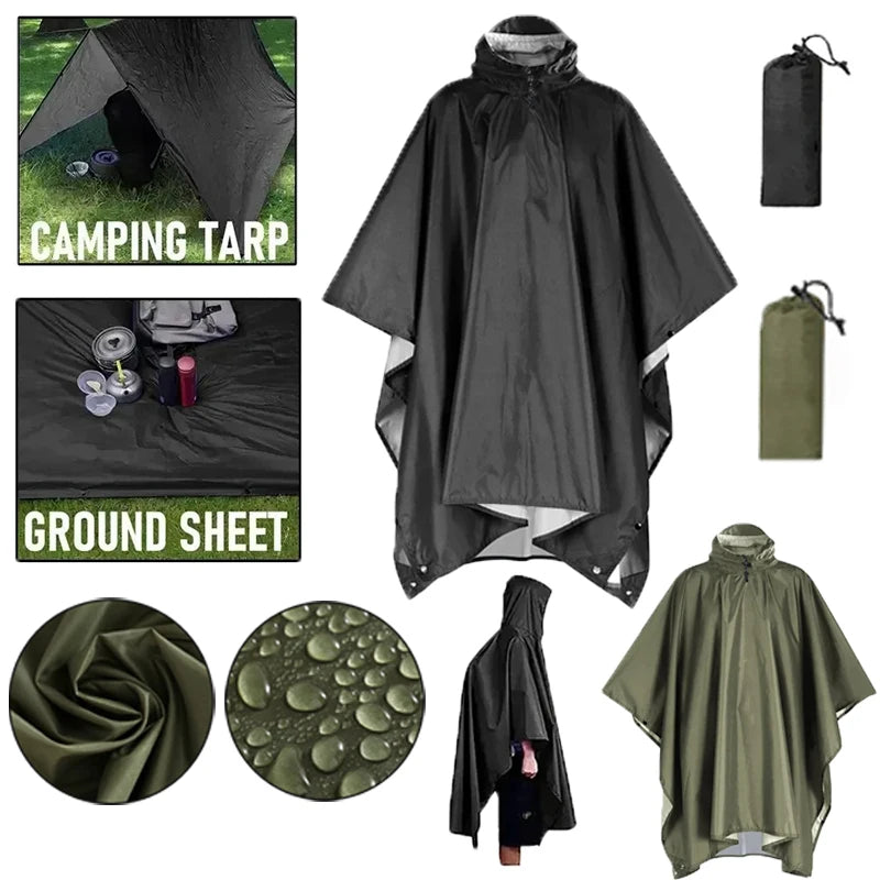 Outdoor 3 in 1 Military Raincoat Hooded Sleeve Waterproof Rain Poncho Motorcycle Rain Cover Camping Hiking Travel Rainwear Tent