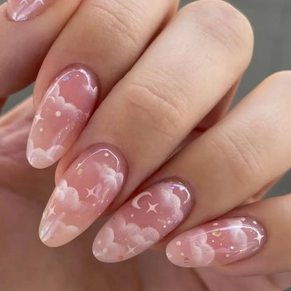 24Pcs Sweet Cat Eye French Press on Nails Diamond-Pointed Three Dimensional Bow Knot Wearable Nail for Women&Girl Almond Nail