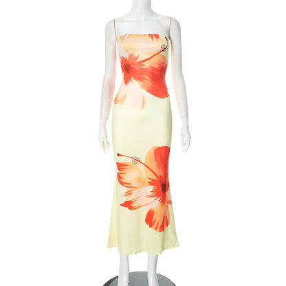 Women'S 2024 New Flower Printed Tubeless Dress Casual Vacation off Shoulder Slim Beach Floor Length Long Dress