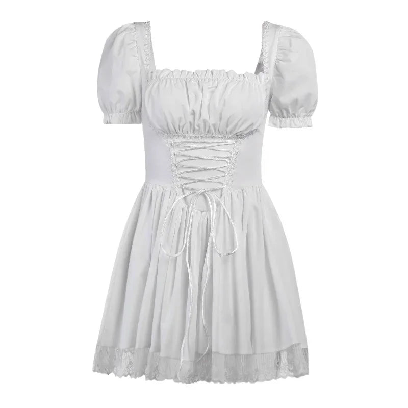Mall Goth Bandage Harajuku White Lolita Kwaii Dresses Black Women Sexy Mini Dress Gothic Lace Puff Sleeves Bodycon Partywear