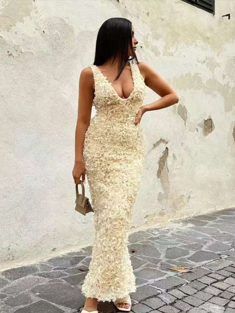 Sexy 3D Flower Deep V-Neck Dress Women Slim Sleeveless Backless Split Hip Package Midi Dresses 2025 Summer Ladies New Vestidos