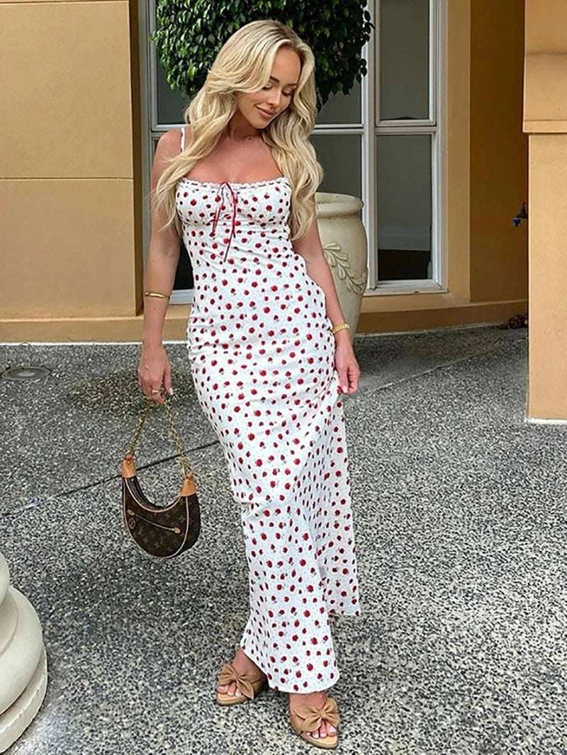 Sexy Backless Print Floral Women Maxi Dress White Spaghetti Strap Evening Dress Female Summer Elegant Party Clubwear