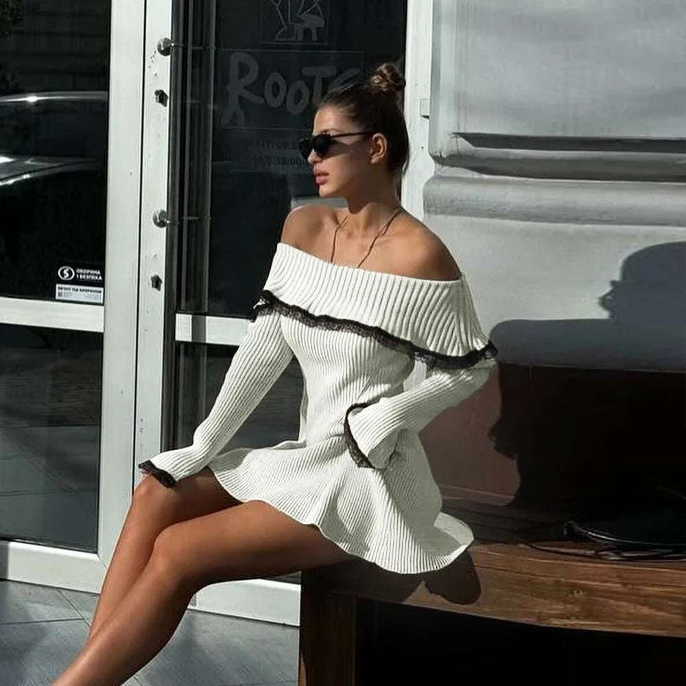 Mingmingxi Autumn off the Shoulder Sweater Dress 2024 Elegant Long Sleeve Knitted Dress Sexy Causal Warm White Dress Women