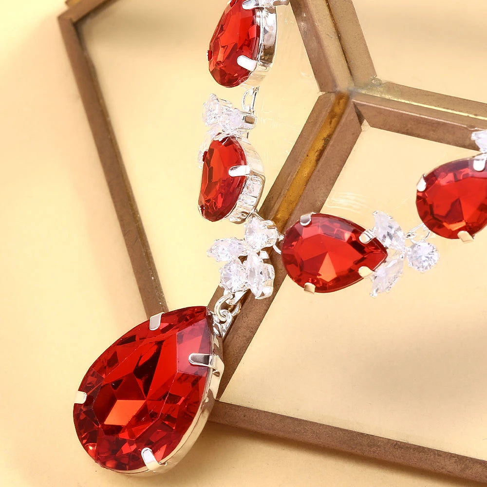 New Red Water Drop Necklace Earrings Set Wedding Accessories Luxury Dubai Bridal Leaf Zircon Jewelry Sets for Women