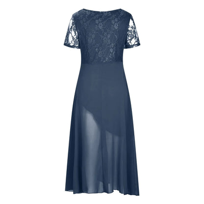 Vestidos Largos Dresses for Women Elegant Lace Chiffon Flowy Dress Evening Party Gown V Neck Short Sleeve Lace Chiffon Dress