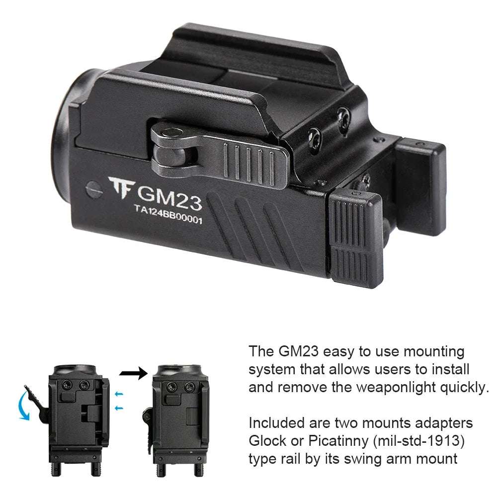 GM23 Tactical LED Flashlights 800 Lumens Quick Release Glock Light 2 Modes Rail Mounted Compact USB Rechargeable Torch