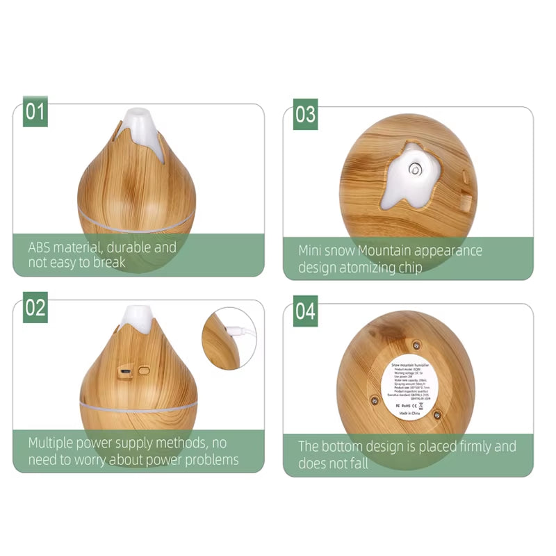 350ML USB Aroma Oil Diffuser Wood Electric Humidifier Ultrasonic Air Humidifier Mini Aromatherapy LED Light Mist Maker for Home