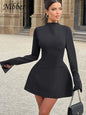 Elegant Backless Dress Women Button Half High Collar Zipper Solid Long Sleeve Autumn Casual Street Trend Mini Bodycon