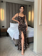 Sexy Leopard Women'S Maxi Dresses Lace-Up Camisole Fold Slim High Split Sleeveless Shirring Elegant Female Vestidos Robe