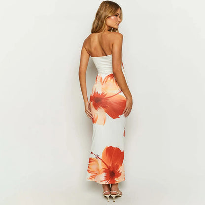 Women'S 2024 New Flower Printed Tubeless Dress Casual Vacation off Shoulder Slim Beach Floor Length Long Dress