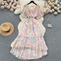 Women Chiffon Floral Long Dress Korean V-Neck Short Sleeve A-Line Party Dresses Summer Bohemian Print Beach Vestidos