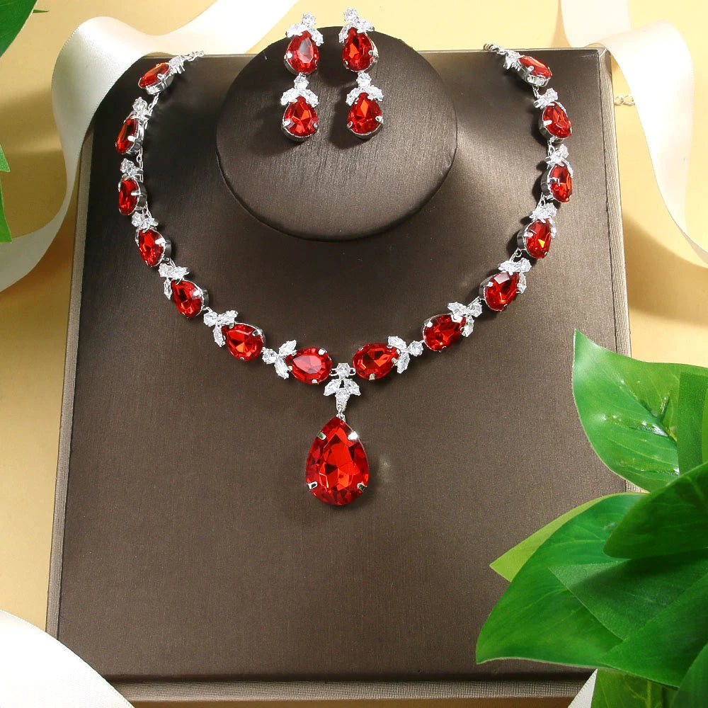 New Red Water Drop Necklace Earrings Set Wedding Accessories Luxury Dubai Bridal Leaf Zircon Jewelry Sets for Women