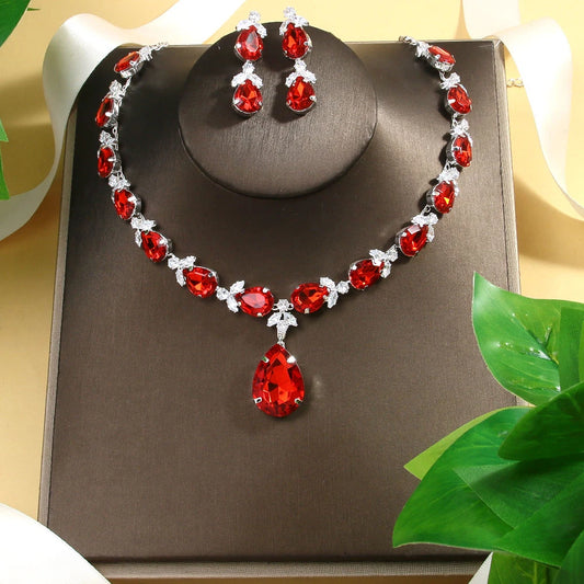 New Red Water Drop Necklace Earrings Set Wedding Accessories Luxury Dubai Bridal Leaf Zircon Jewelry Sets for Women