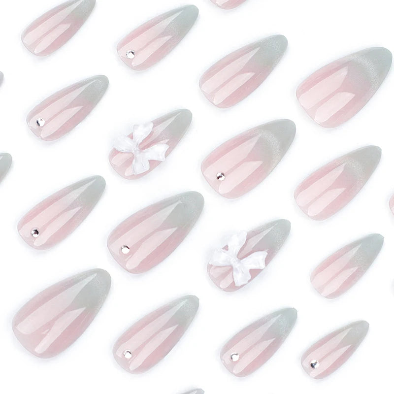 24Pcs Sweet Cat Eye French Press on Nails Diamond-Pointed Three Dimensional Bow Knot Wearable Nail for Women&Girl Almond Nail
