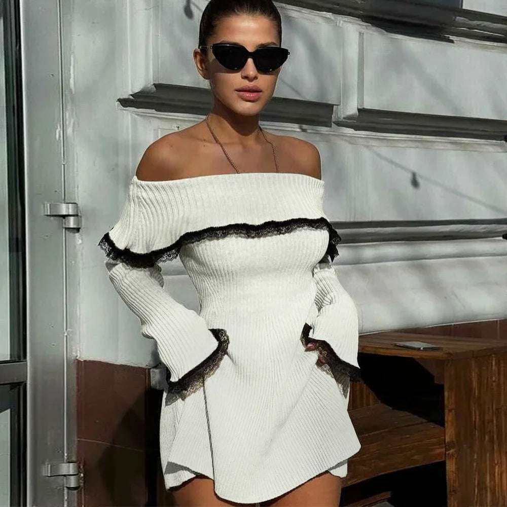 Mingmingxi Autumn off the Shoulder Sweater Dress 2024 Elegant Long Sleeve Knitted Dress Sexy Causal Warm White Dress Women