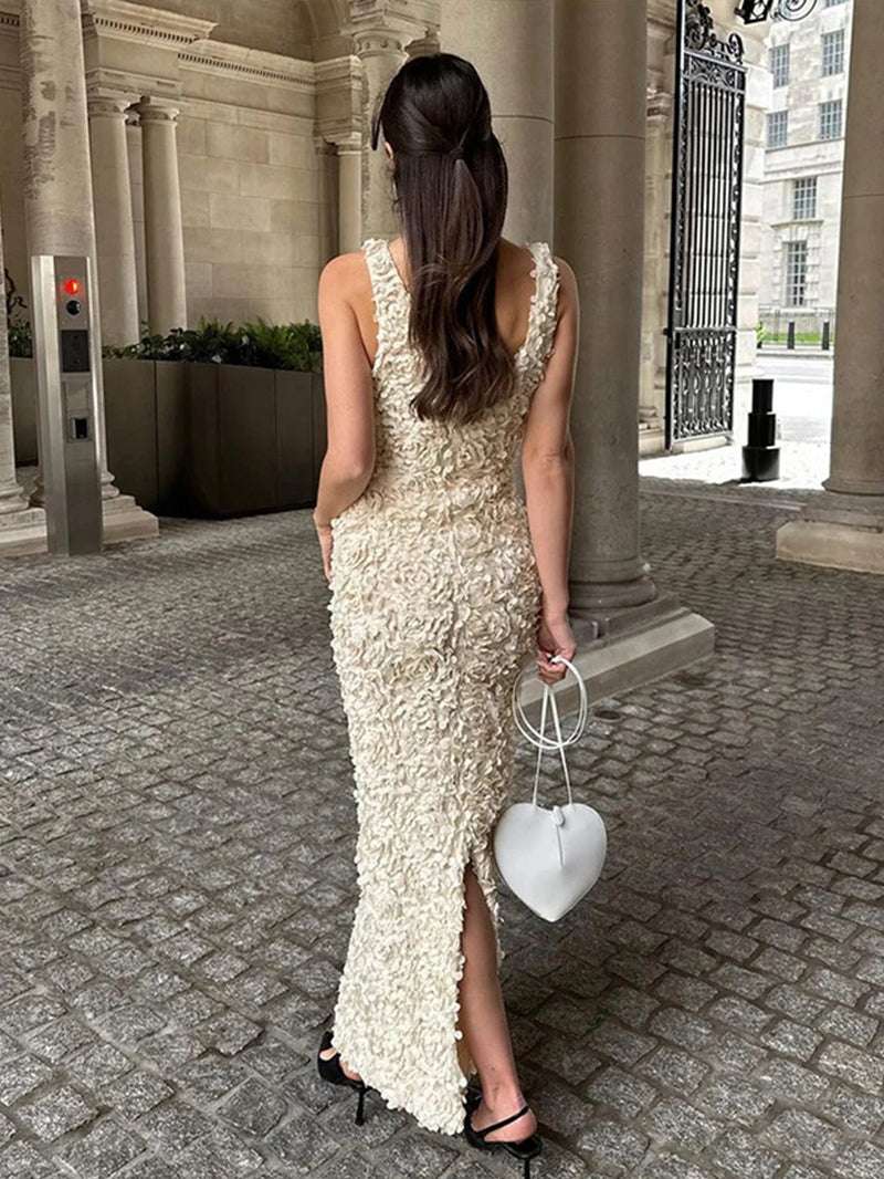 Sexy 3D Flower Deep V-Neck Dress Women Slim Sleeveless Backless Split Hip Package Midi Dresses 2025 Summer Ladies New Vestidos