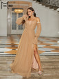 Missord Brown Chiffon Evening Dress Elegant Women off Shoulder Lantern Sleeve Thigh Split A-Line Loose Party Prom Dresses Gown