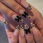 24Pcs Sweet Cat Eye French Press on Nails Diamond-Pointed Three Dimensional Bow Knot Wearable Nail for Women&Girl Almond Nail