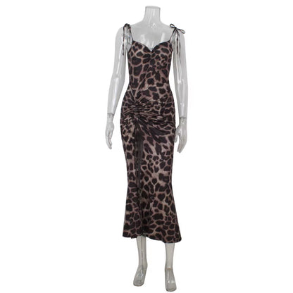 Sexy Leopard Women'S Maxi Dresses Lace-Up Camisole Fold Slim High Split Sleeveless Shirring Elegant Female Vestidos Robe